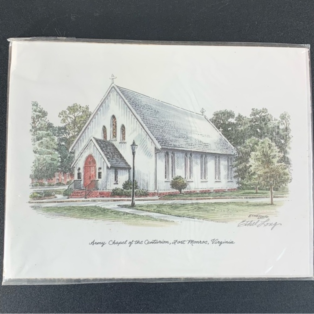 NWT Ethel Long drawing of the Army Chapel of the Centurion, Fort Monroe, VA.